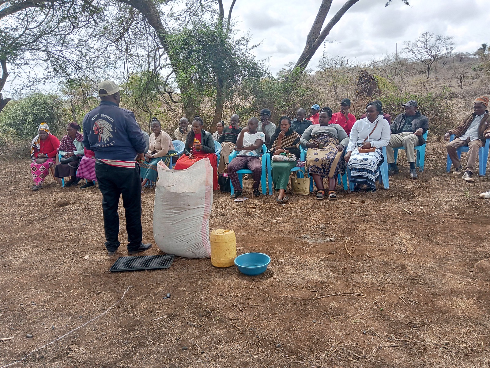 Farmers gathered at an outdoor input demonstration meeting